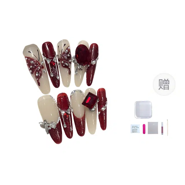 几多萌 纯手工穿戴甲高级氛围感美甲成品可拆卸甲片  杏仁长款酒红色裸色