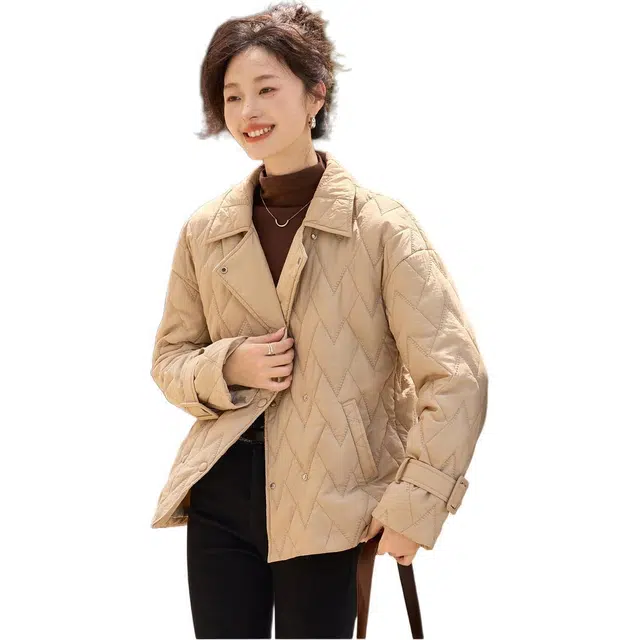 沫晗依美 无弹翻领休闲纯色翻领棉服 女款 卡其色