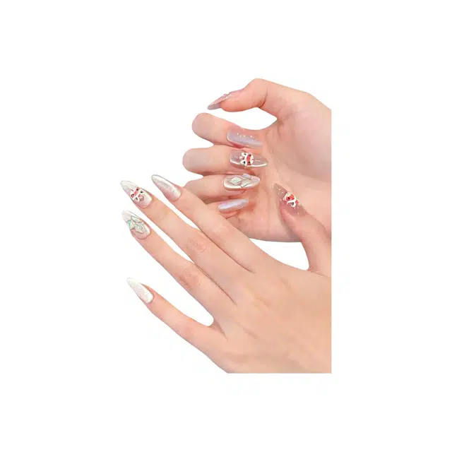 凡泽 发财醒狮浮雕喜事桃桃  穿戴甲 椭圆长款粉色纯色 猫眼