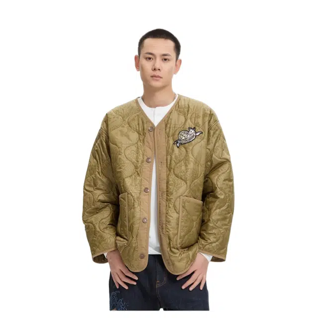 鬼洗 泥棒蓝满印鲤鱼长袖棉服 男款 橄榄绿