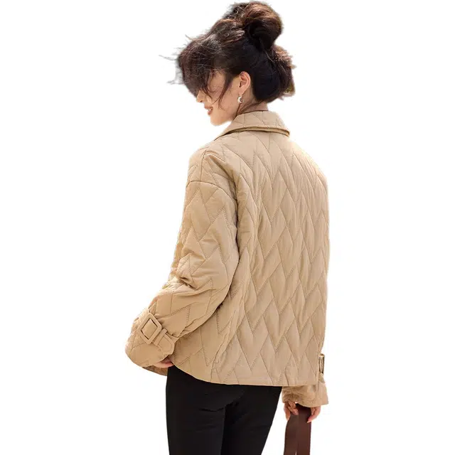 沫晗依美 无弹翻领休闲纯色翻领棉服 女款 卡其色