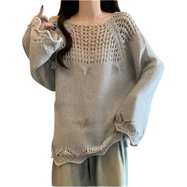 荟萃阁 镂空立体蝴蝶法式设计感减龄宽松遮肚针织衫 女款
