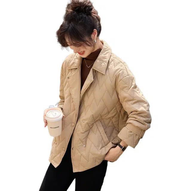 沫晗依美 无弹翻领休闲纯色翻领棉服 女款 卡其色