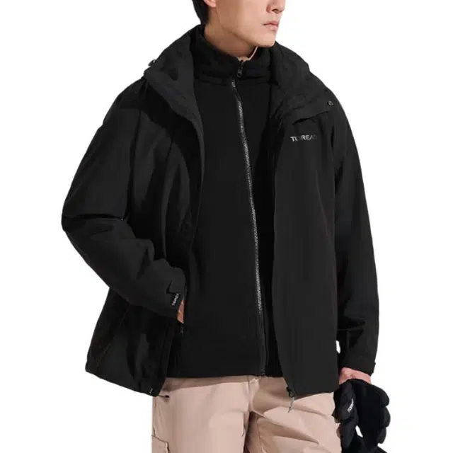 探路者  舒适简约连帽拉链三合一  防风耐磨防泼水吸湿排汗透气保暖冲锋衣 男款 黑色