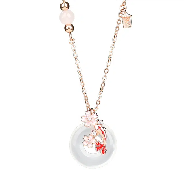 老庙 桃花锦鲤平安扣  新中式精致轻奢清冷感高级设计森系百搭显贵气质 可调节锁骨链#好运 玉髓 项链 女款