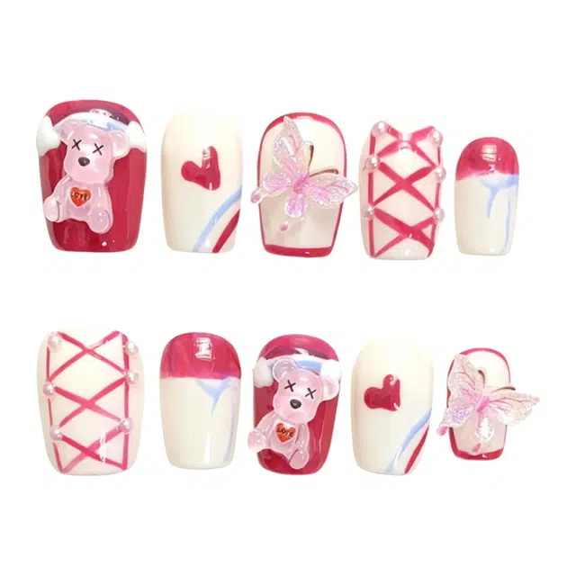 凡泽 粉白钻格纹纯手工  穿戴甲 短短梯粉色跳色 纯欲