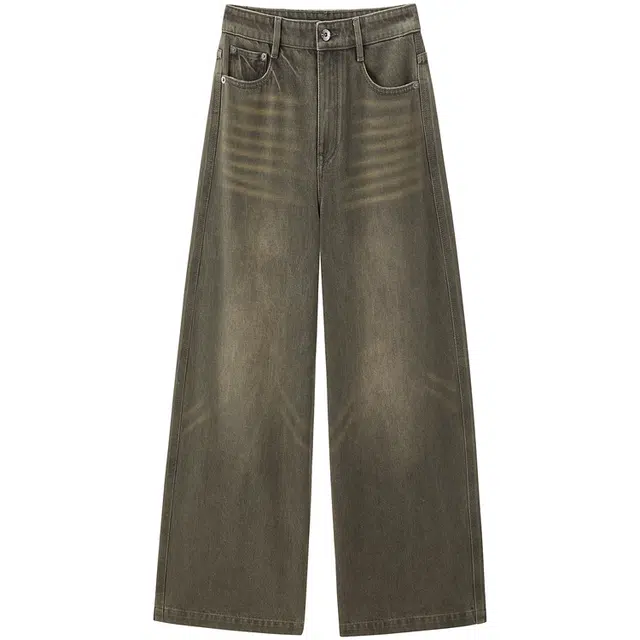 太平鸟 猫爪裤高腰宽松做旧水洗直筒裤阔腿牛仔裤 女款