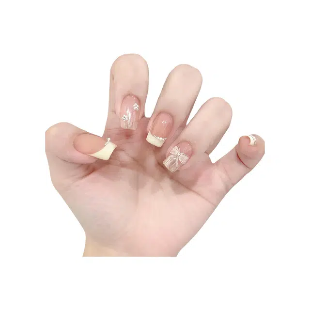 柚予颜 手工穿戴甲高级感法式珍珠小花蝴蝶结美甲  短方裸色渐变 纯欲