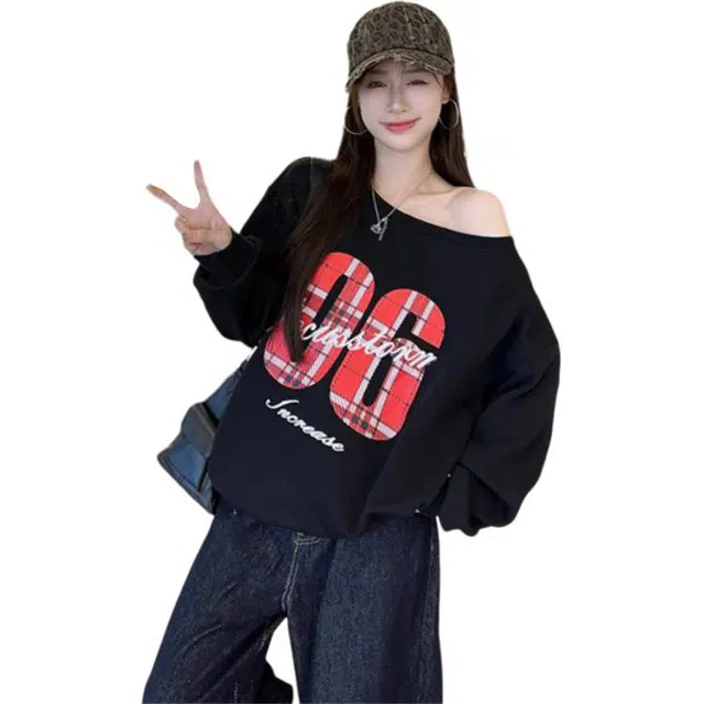 丝絮丝绸 美式复古字母印花斜肩别致长袖上衣卫衣 女款