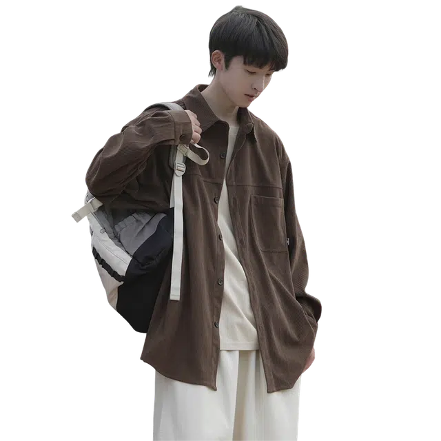 港仔文艺男 灯芯绒美式复古拼接结构工装口袋字母小标户外保暖单排扣翻领落肩上衣休闲宽松潮流百搭长袖衬衫 男女同款