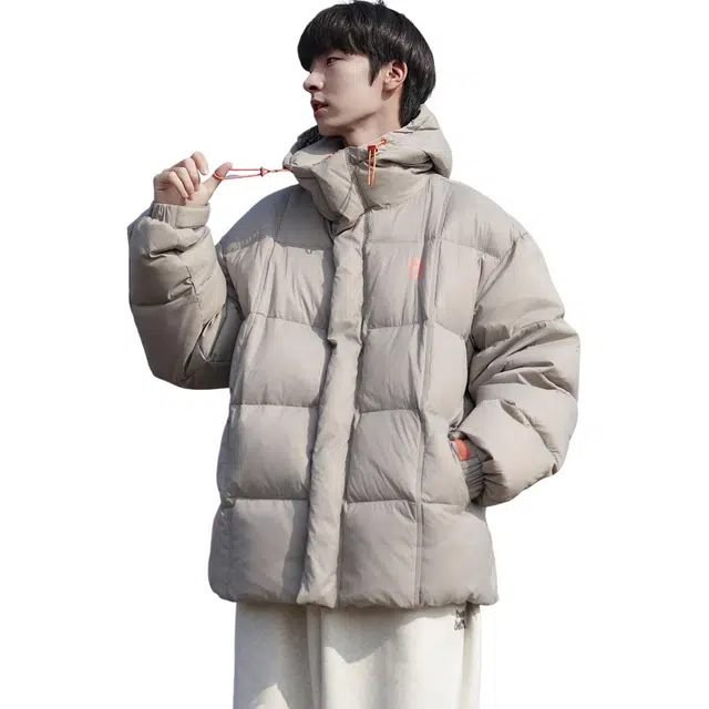 港仔文艺男 美式复古字母印花可调节帽檐加厚保暖锁温防寒面包服休闲百搭时尚潮流宽松简约连帽羽绒服 男女同款