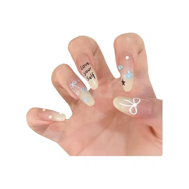 嘉比兔 穿戴甲高级感水钻蝴蝶结美甲甲片长款轻奢纯欲穿戴式假指甲片  杏仁蓝色晕染 可爱