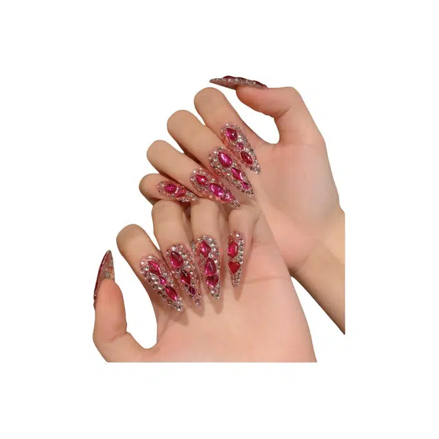 凡泽 彩色满钻欧美风  穿戴甲 长款火龙果色纯色 爆闪