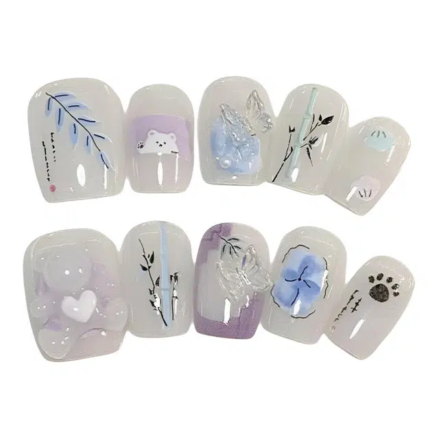 计轩 高颜值显白立体小熊  穿戴甲 短款透明图案纯色 可爱