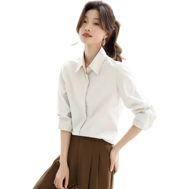 沫晗依美 挺括轻职场纯色常规长袖翻领商务通勤日常便服宽松腰衬衫 女款