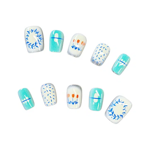 饰田 青色印象  短方绿纯色 可爱 短款美甲线条穿戴甲预制甲条全尺码假指甲显白