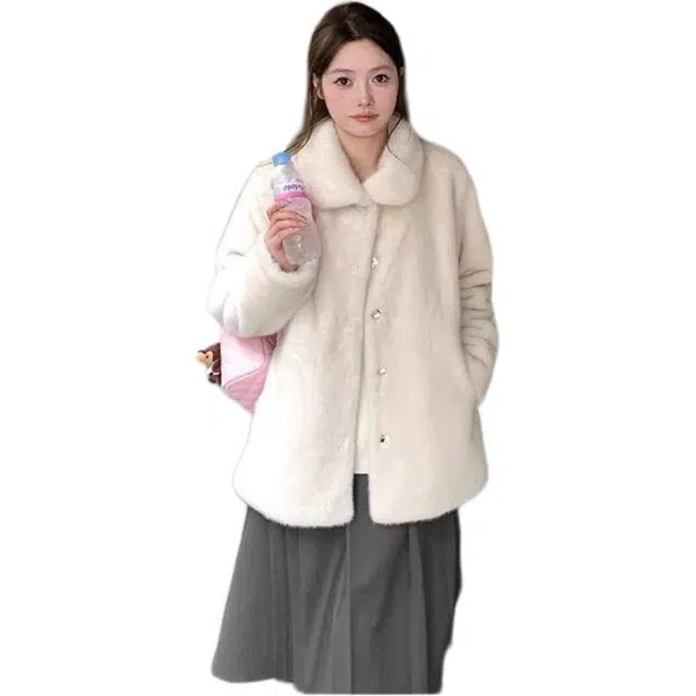 邓大喵 韩版皮毛一体外套宽松加厚保暖毛毛大衣可爱小个子长袖皮草 女款