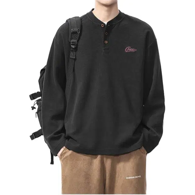 童先森 高端美式复古华夫格秋季潮牌亨利领肌理感长袖卫衣 男款