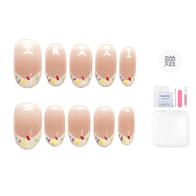 韵月乔 清新高颜值显白法式碎花彩虹  穿戴甲 杏仁裸色渐变 可爱