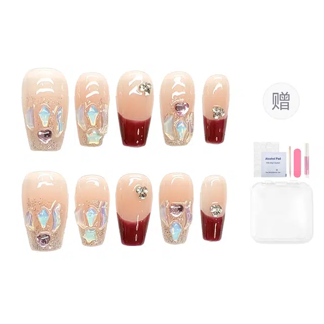 韵月乔 珍珠烟花  穿戴甲 中梯酒红色渐变 可爱