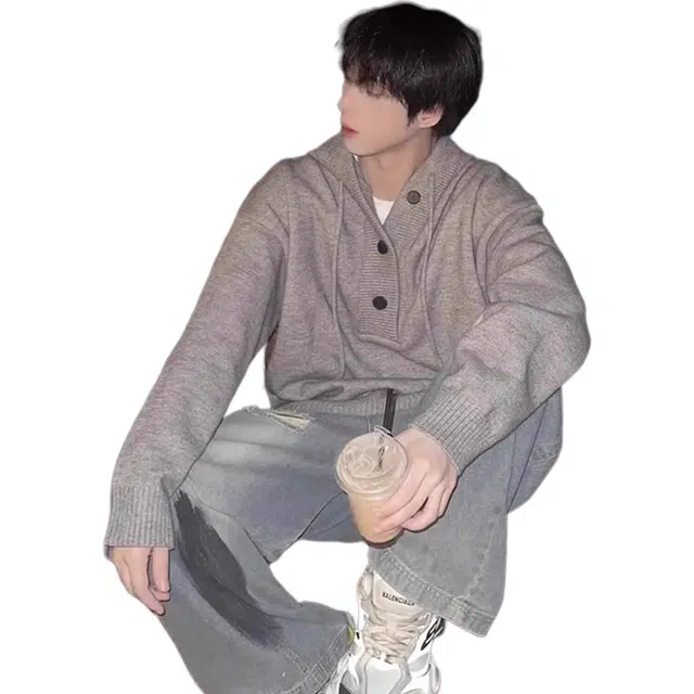 洞洞拐 日系慵懒复古连帽百搭简约时尚流行潮流文艺针织衫 男女同款