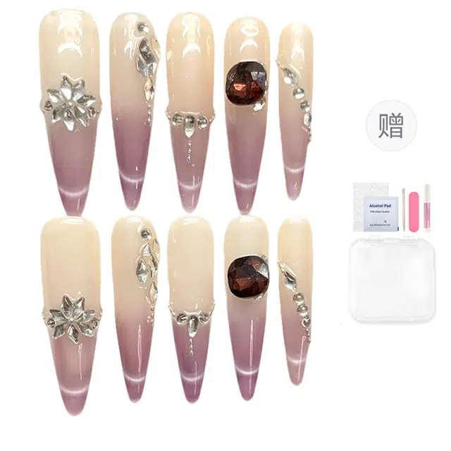 凡泽 简约高级珍珠彩钻石纯手工  穿戴甲 尖型紫色渐变 爆闪