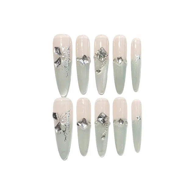 凡泽 波斯少女高级薄荷绿斜边碎钻  穿戴甲 尖型绿色渐变 爆闪