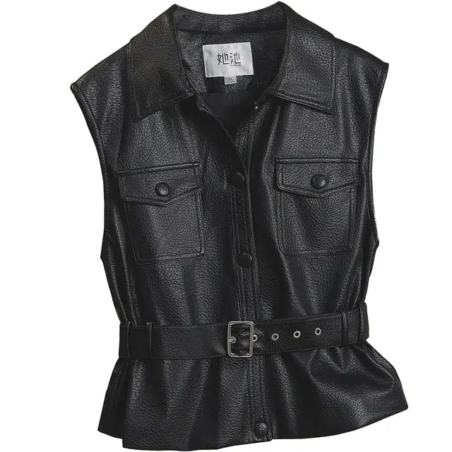 她池 纯色翻领单排扣机车风宽松款叠穿无袖马甲 女款