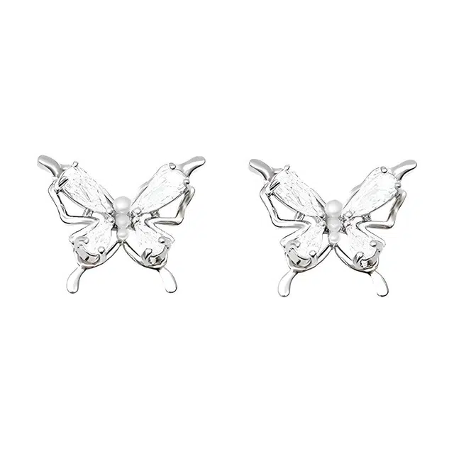 璀璨银蝶耳饰 蝴蝶元素精致百搭耳饰 合金珍珠耳钉 时尚耳钉 女款