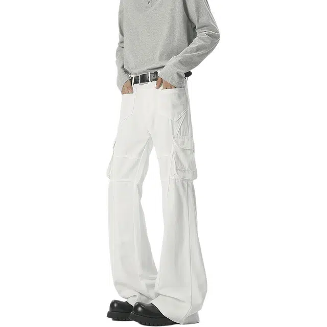 艾梵斯贝 美式复古潮流拼接解构小众设计款无性别日常通勤百搭宽松休闲时尚高级感潮酷炸街修身微喇拖地牛仔裤 男女同款