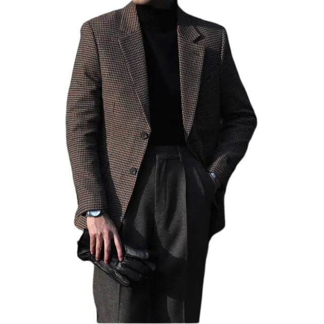 大格子与黑猫 意式复古格纹羊毛呢绅士修身西服英伦商务格子雅痞秋冬千鸟格 西装 男款