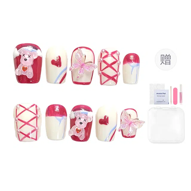 韵月乔 粉白钻格纹纯手工  穿戴甲 短短梯粉色跳色 纯欲