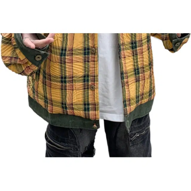 地界二 复古美式拼接格子撞色翻领男街头小众宽松高级感外套拼接格子撞色宽松夹克 男款