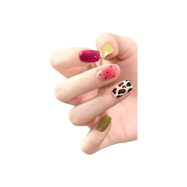 嘉比兔 小清新美甲贴片穿戴甲成品可批发奶牛花纹美甲贴片夏季  梯型浅色跳色 可爱