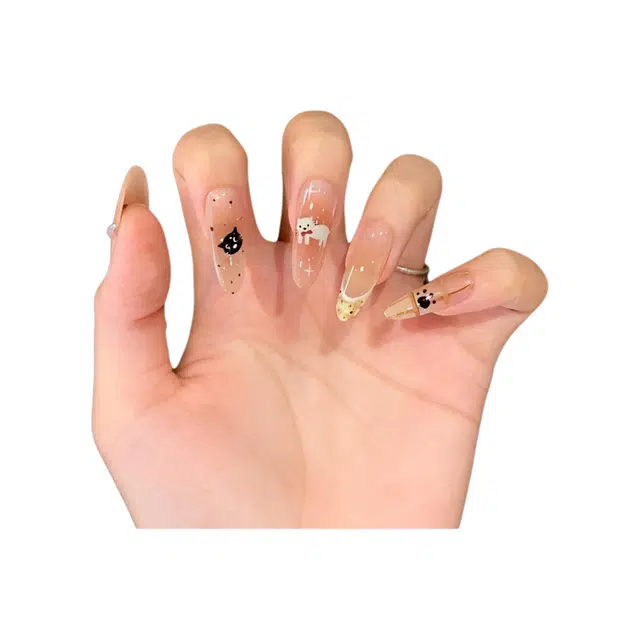 嘉比兔 可爱捣蛋鬼猫咪美甲法式卡通秋冬显白百搭气质穿戴甲少女心甜美  长款浅色渐变 可爱