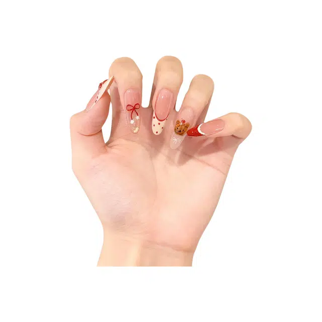 嘉比兔 波点熊仔法式手工美甲穿戴甲超可爱草莓蝴蝶结甜心女孩美甲可拆卸  杏仁杏色裸色 可爱