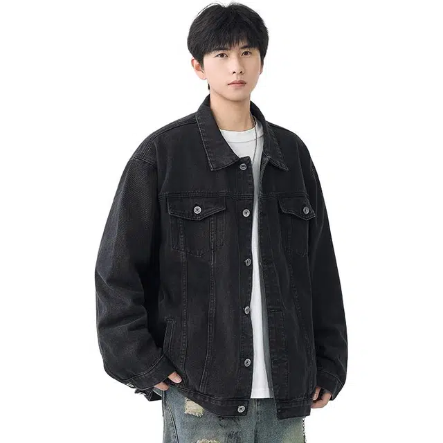 八哥 美式复古高街纯色水洗做旧宽松潮流时尚舒适设计感百搭通勤日常套头简约翻领长袖牛仔外套 男女同款