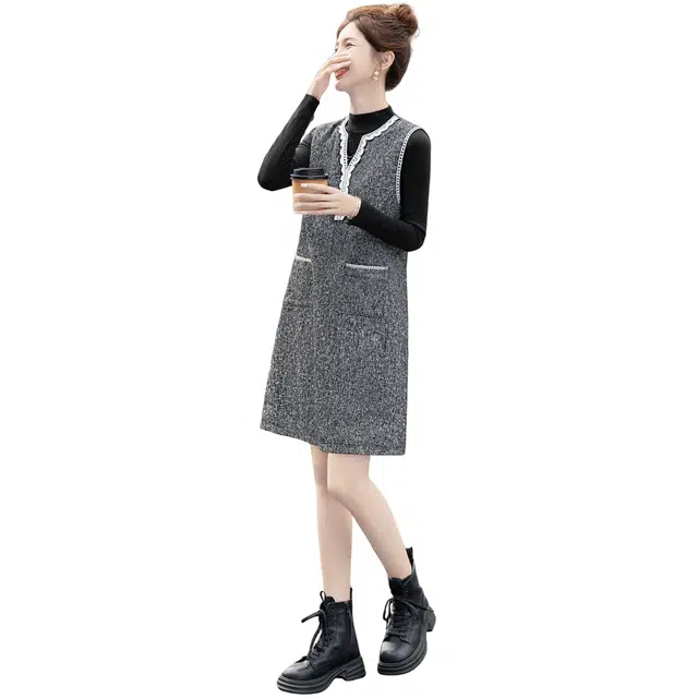 丝柏舍 撞色复古花边半开领短款气质叠穿小香风无袖连衣裙 女款