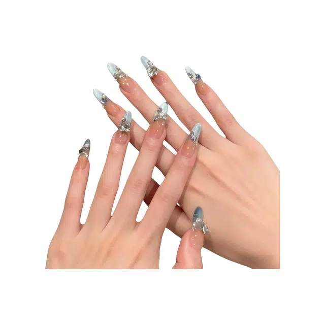 嘉比兔 海盐蓝冰爆闪穿戴甲春夏冰蓝猫眼爱心大钻渐变水光气质高级感轻奢  梯型蓝色晕染 可爱