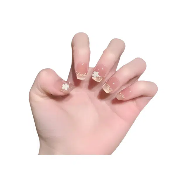 嘉比兔 七里香温柔法式小花穿戴甲裸色甜美显白气质高颜值美甲贴  短梯粉色渐变 可爱