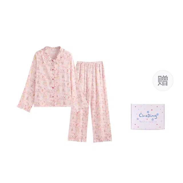 侘町  秋季草莓小熊满印卡通甜美可爱柔软透气宽松休闲睡衣礼盒 女款 粉色