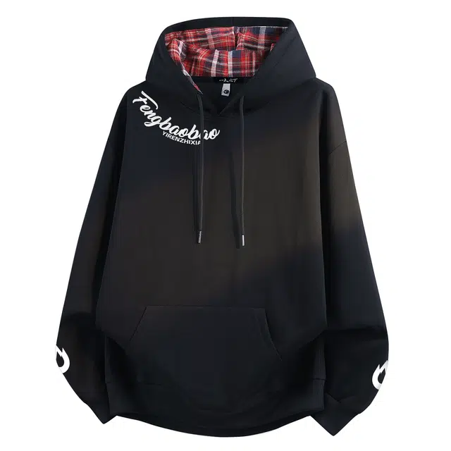 一人之下 美式复古高街字母通勤百搭学院风休闲宽松慵懒落肩格子连帽卫衣 男女同款