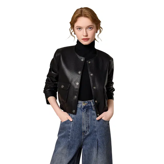 她池 圆领单排扣通勤简约风纯色宽松款落肩长袖皮衣 女款 黑色