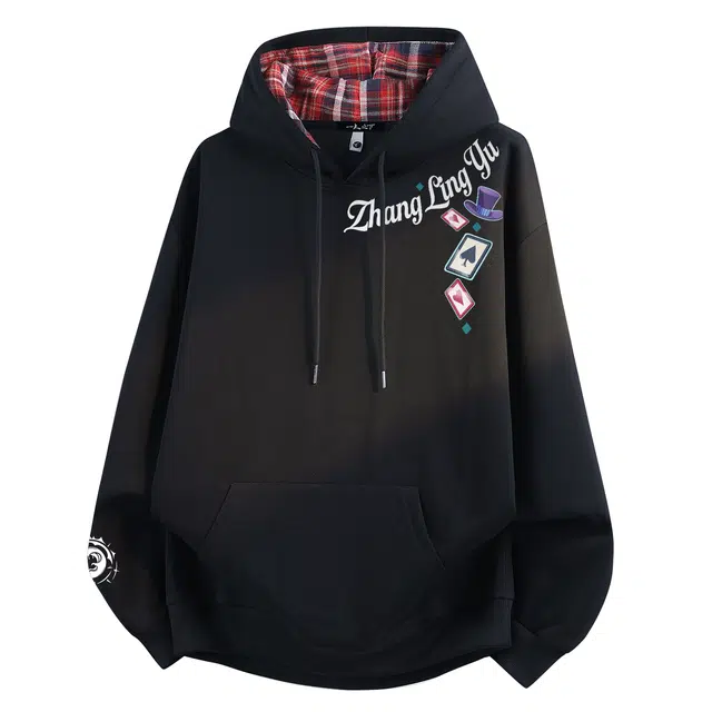 一人之下 美式高街复古卡牌魔术图案印花少年感百搭设计感日常小众时尚无性别主义高级感休闲学院风宽松舒适加绒加厚格子连帽卫衣 男女同款