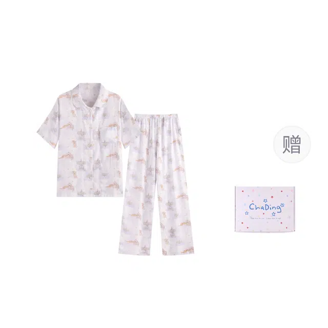 侘町 秋季香芋紫大象卡通纯棉棉纱柔软透气亲肤宽松睡衣礼盒 女款 图片色