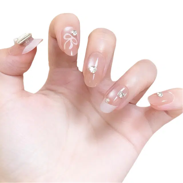 柚予颜 手工穿戴甲温柔玻璃珠猫眼法式蝴蝶结钻饰美甲  椭圆裸粉跳色 纯欲