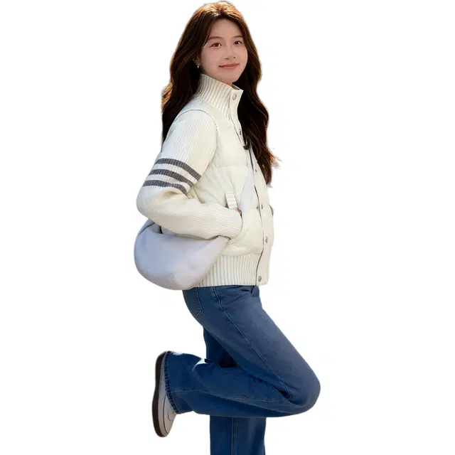 沐晓欣 韩系学院风设计感拼接针织男女秋冬独特别致立领轻薄棉衣外套棉服 女款