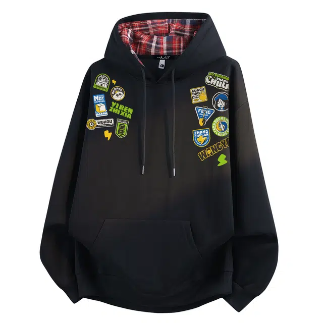 一人之下 美式高街卡通动漫人物图案日常休闲学院风通勤少年感慵懒感高级百搭时尚潮流柔软亲肤舒适落肩加绒加厚格子连帽卫衣 男女同款