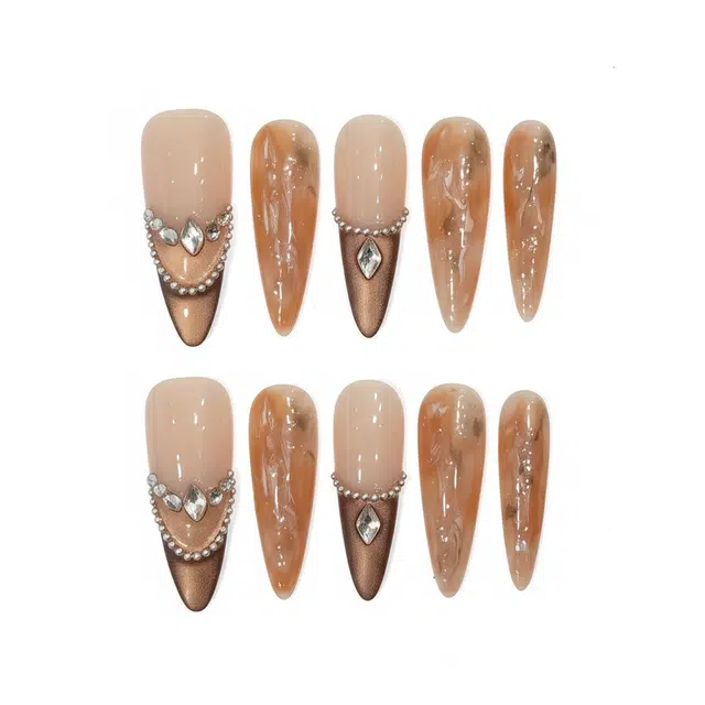 凡泽 朝露秋冬金棕猫眼堆钻  穿戴甲 长款美拉德渐变 爆闪