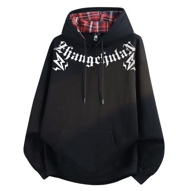 一人之下 美式高街复古潮流哥特字母图案开学季少年感轻松休闲高级感日常百搭柔软亲肤舒适套头加绒加厚格子连帽卫衣 男女同款